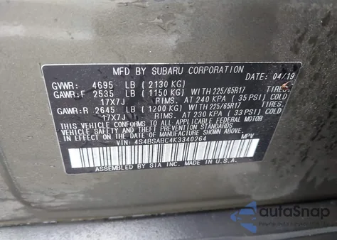 2019 Subaru Outback 2.5I z USA, uszkodzony, nr VIN 4S4BSABC4K3340264